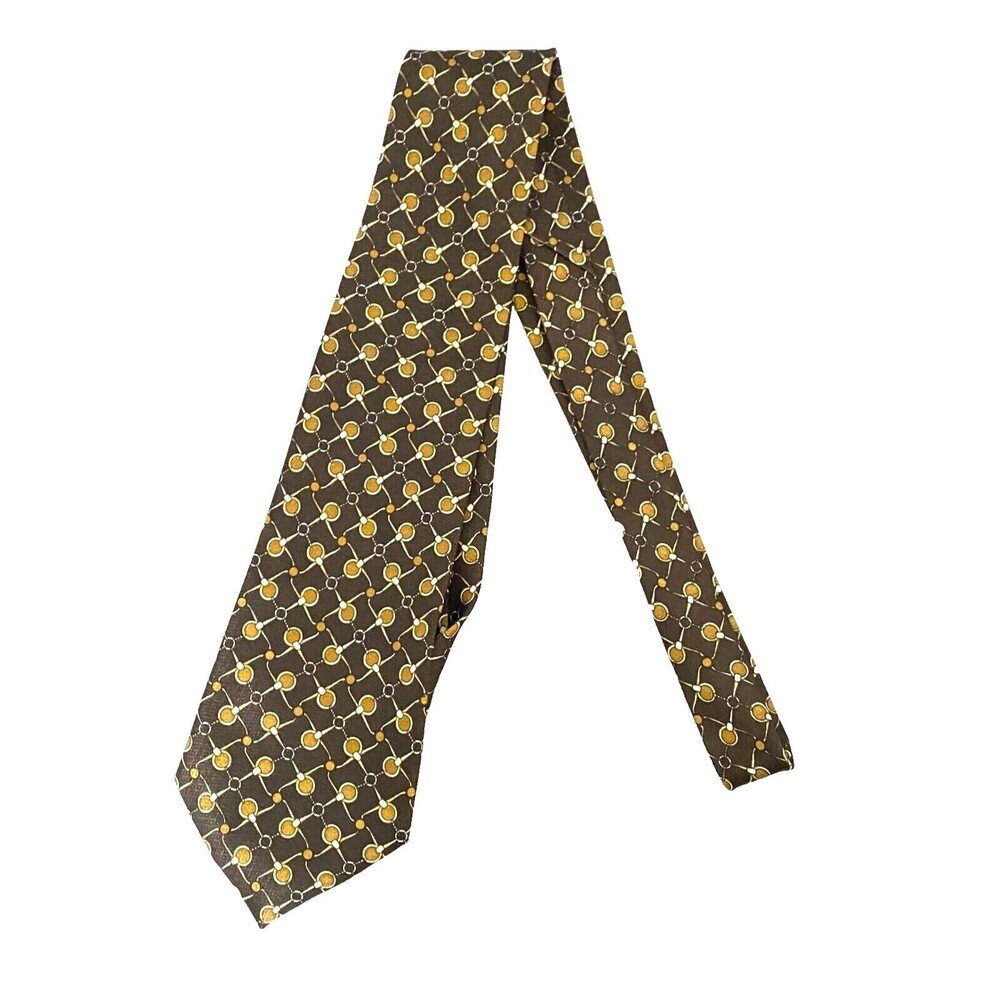 #5940 Dino Romano Hand Made Black with White and Gold Pattern Mens Necktie, Tie